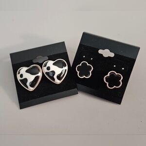 NEW Set (2) Black White Gold Earrings with Cow Print and Flower